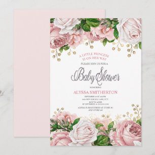 Convites Chuva de Bebê Menina Rosa Dourado Floral