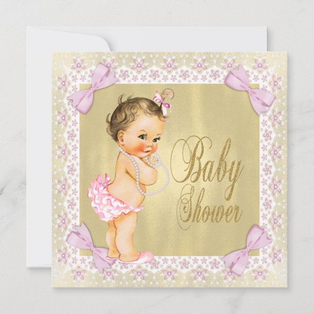 Convites Chuva de Bebê Menina Rosa Dourado Lindo Laço (Frente)