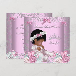 Convites Chuva de Bebê Menina Rosa e Cinza Afro-Americana 3