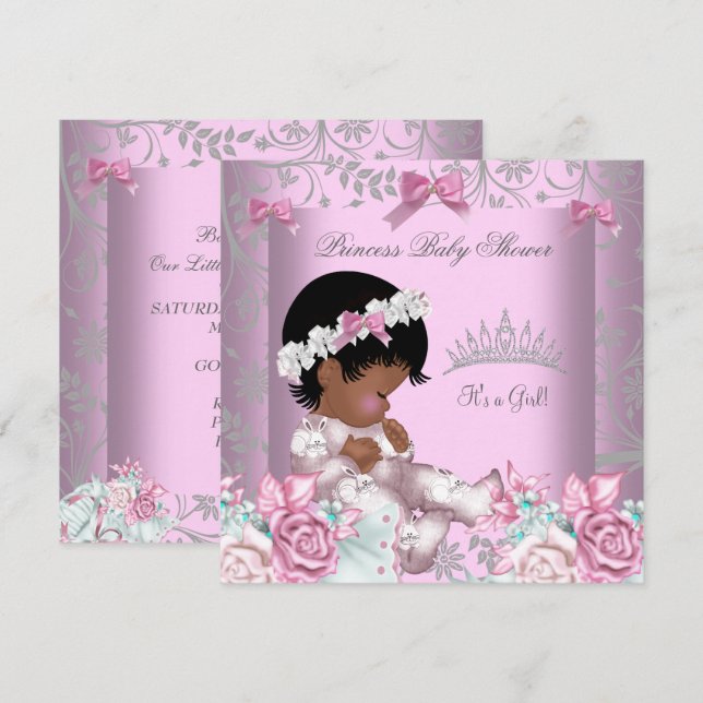 Convites Chuva de Bebê Menina Rosa e Cinza Afro-Americana 3 (Frente/Verso)