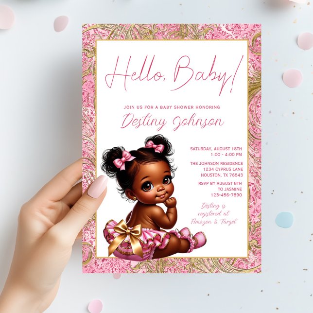Convites Chuva de Bebê Menina Rosa e Dourado "Olá Bebê" (Adorable pink and gold baby girl shower invitation. Simply add your event details.)