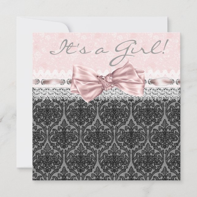 Convites Chuva de Bebê Menina Rosa e Preto de Renda (Frente)