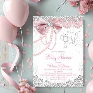 Convites Chuva de Bebê Menina Rosa Elegante com Diamante e