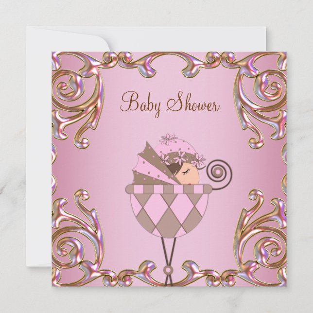 Convites Chuva de Bebê Menina Rosa Marrom e Dourado (Frente)