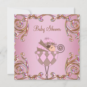 Convites Chuva de Bebê Menina Rosa Marrom e Dourado