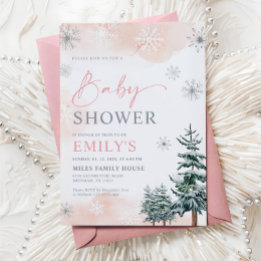 Convites Chuva de Bebê Menina Rosa no Inverno Mágico