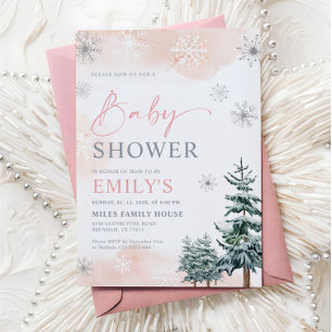 Convites Chuva de Bebê Menina Rosa no Inverno Mágico