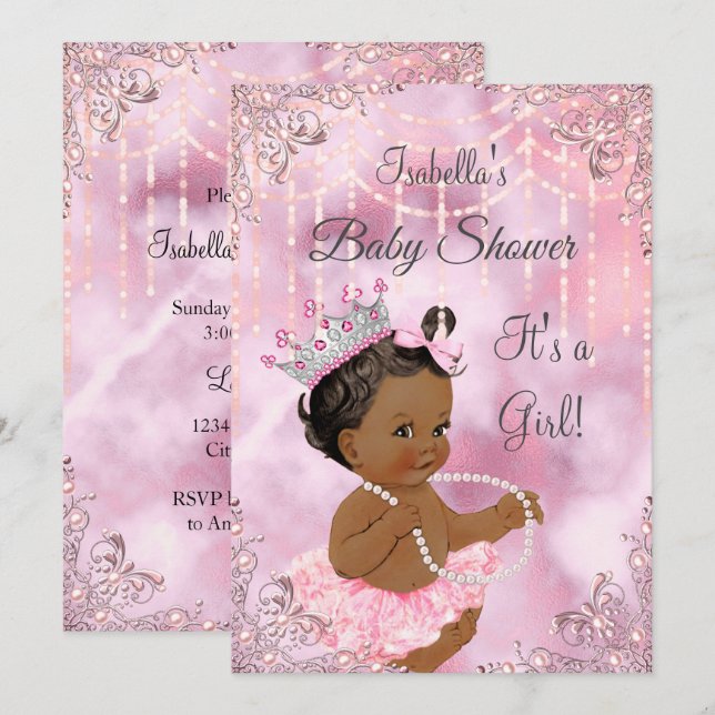 Convites Chuva de Bebê Menina Rosa Pérola Afro-Americana (Frente/Verso)