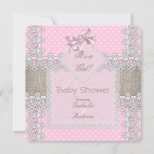 Convites Chuva de Bebê Menina Rosa Pérola Arco de Renda Pon