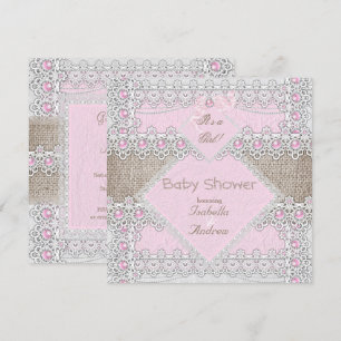 Convites Chuva de Bebê Menina Rosa Pérola Arco Lace Burlap 