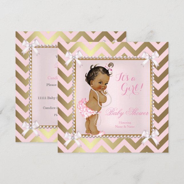 Convites Chuva de Bebê Menina Rosa Pérola Dourado Chevron É (Frente/Verso)