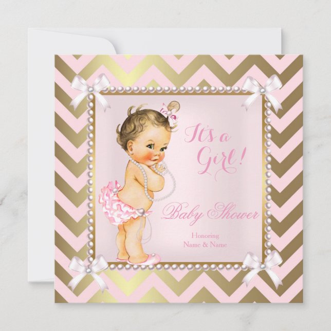 Convites Chuva de Bebê Menina Rosa Pérola Dourado Chevron M (Frente)
