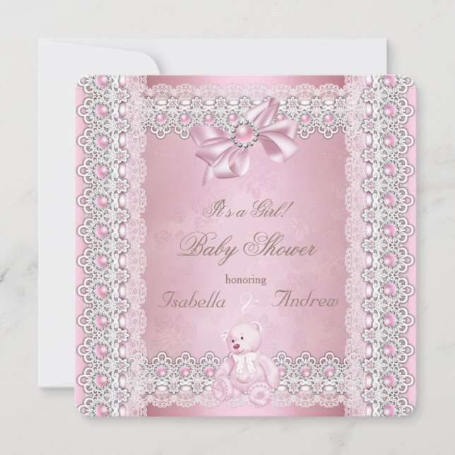 Convites Chuva de Bebê Menina Rosa Pérola Laço Damask (Frente)