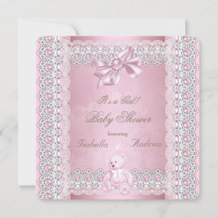 Convites Chuva de Bebê Menina Rosa Pérola Laço Damask