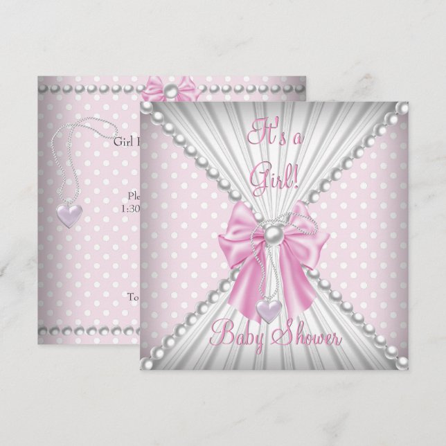 Convites Chuva de Bebê Menina Rosa Pérolas Pontos Polka (Frente/Verso)