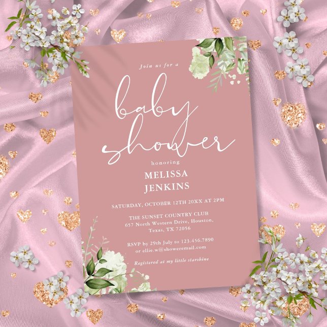 Convites Chuva de Bebê Menina Rosa Poético Verde (Greenery Floral Dusty Rose Girl Baby Shower Invitation)