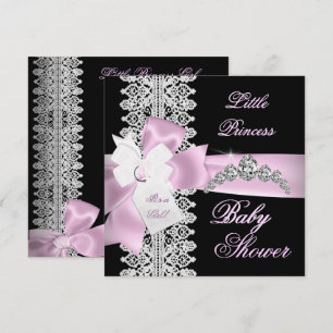 Convites Chuva de Bebê Menina Rosa Preto Branco Renda