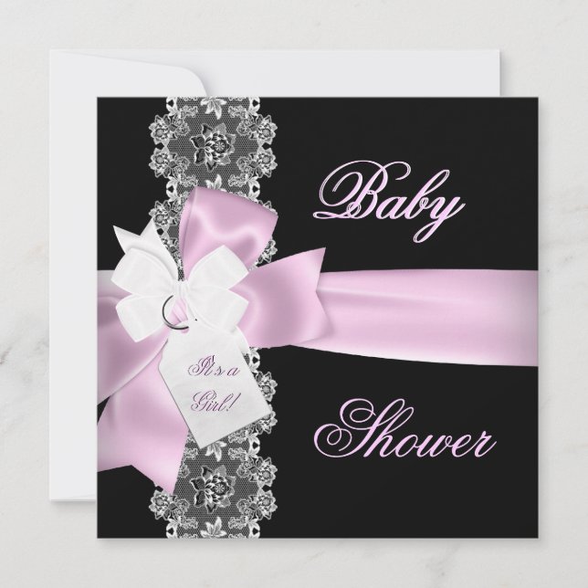Convites Chuva de Bebê Menina Rosa Preto Branco Renda (Frente)