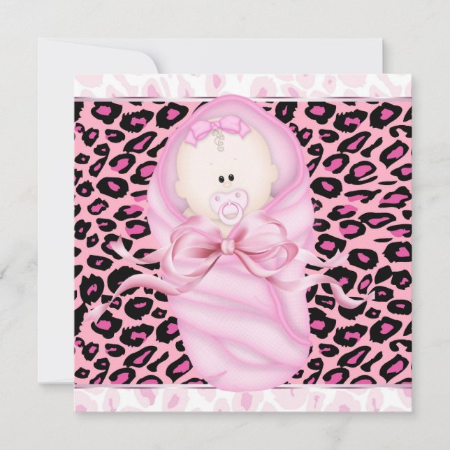 Convites Chuva de Bebê Menina Rosa Preto Leopardo (Frente)