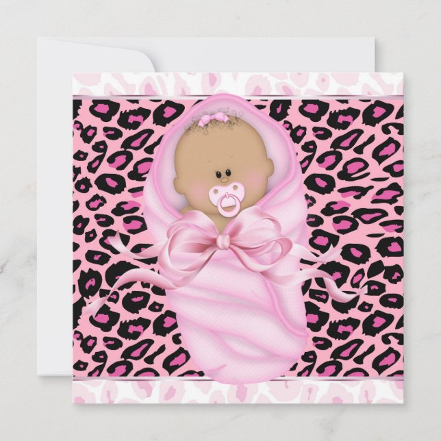 Convites Chuva de Bebê Menina Rosa Preto Leopardo (Frente)