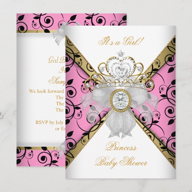 Convites Chuva de Bebê Menina Rosa Princesa Damasco Preto (Frente/Verso)