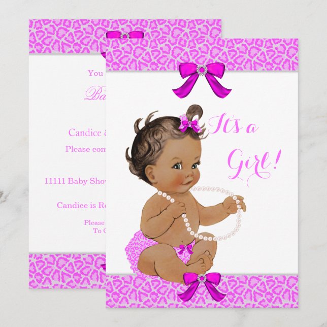 Convites Chuva de Bebê Menina Rosa Quente Leopardo Pérolas  (Frente/Verso)