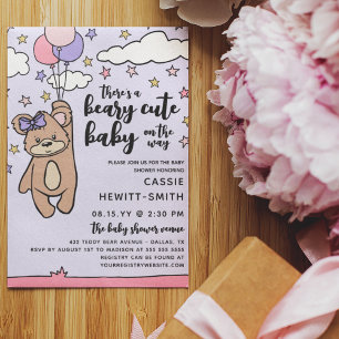 Convites Chuva de Bebê Menina Rosa Roxo Beary Fofo