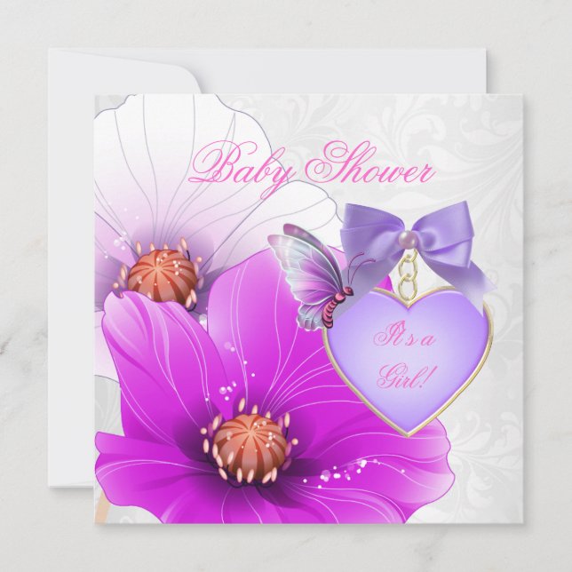 Convites Chuva de Bebê Menina Rosa Roxo Floral Borboleta (Frente)