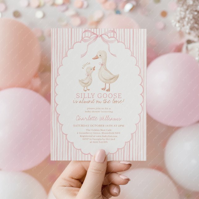 Convites Chuva de Bebê Menina Rosa Silly Goose (A little Silly Goose is almost on the loose! Baby Girl Baby Shower invitation with pink stripes)