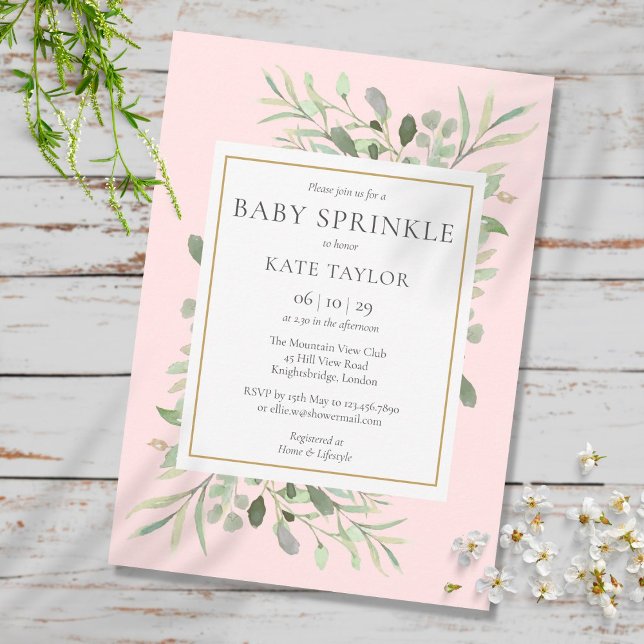 Convites Chuva de Bebê Menina Rosa Verde Água (Watercolor Greenery Pink Girl Baby Sprinkle Invitation)