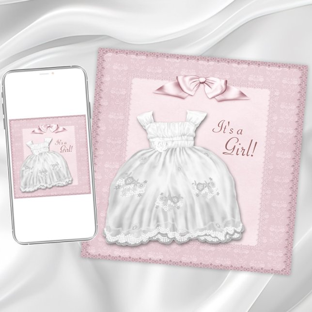 Convites Chuva de Bebê Menina Rosa Vestido Branco com Renda (Criador carregado)