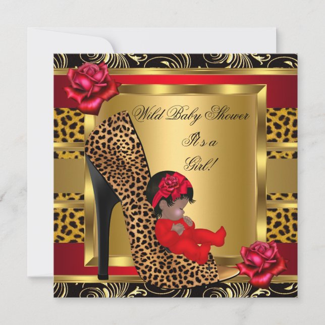 Convites Chuva de Bebê Menina Rosas Vermelhas Dourado Leopa (Frente)