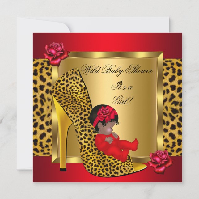 Convites Chuva de Bebê Menina Rosas Vermelhas Dourado Leopa (Frente)
