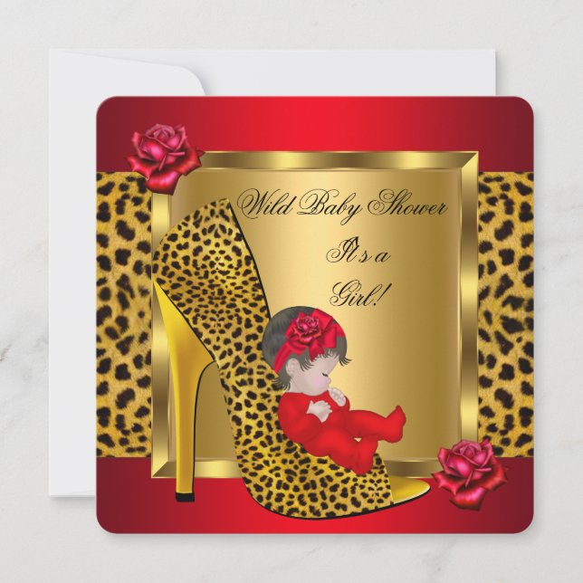 Convites Chuva de Bebê Menina Rosas Vermelhas Dourado Leopa (Frente)