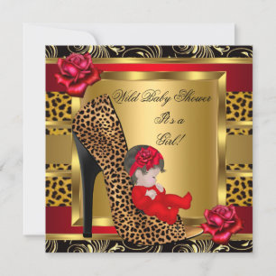Convites Chuva de Bebê Menina Rosas Vermelhas Dourado Leopa