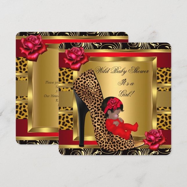 Convites Chuva de Bebê Menina Rosas Vermelhas Dourado Leopa (Frente/Verso)