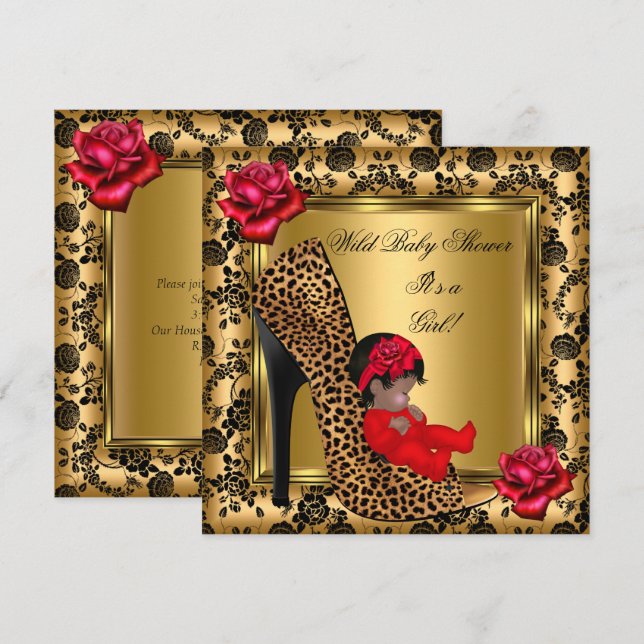 Convites Chuva de Bebê Menina Rosas Vermelhas Dourado Leopa (Frente/Verso)