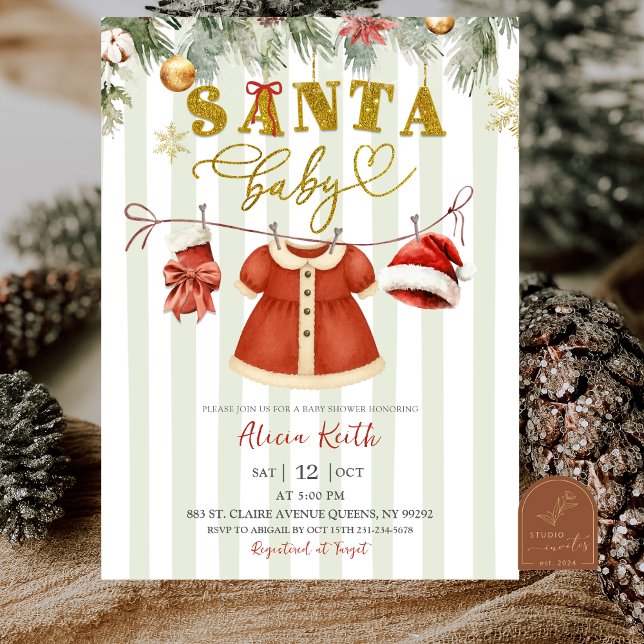 Convites Chuva de Bebê Menina Roupas de Papai Noel de Natal (Criador carregado)