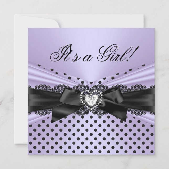Convites Chuva de Bebê Menina Roxo Preto Renda Bolinhas (Frente)