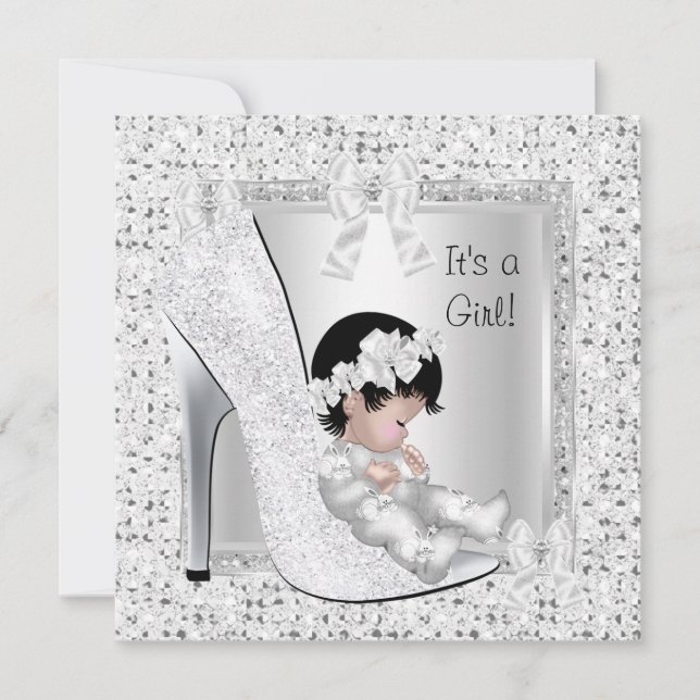 Convites Chuva de Bebê Menina Sapato Brilho Prata Branco (Frente)
