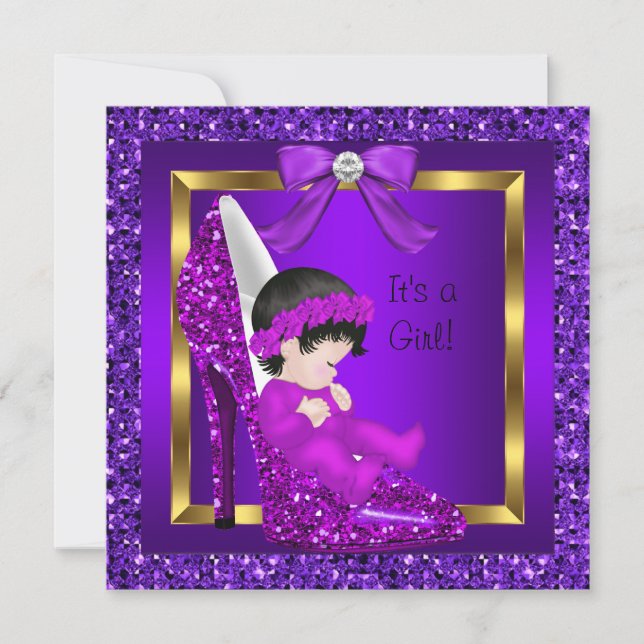 Convites Chuva de Bebê Menina Sapato Brilho Roxo (Frente)