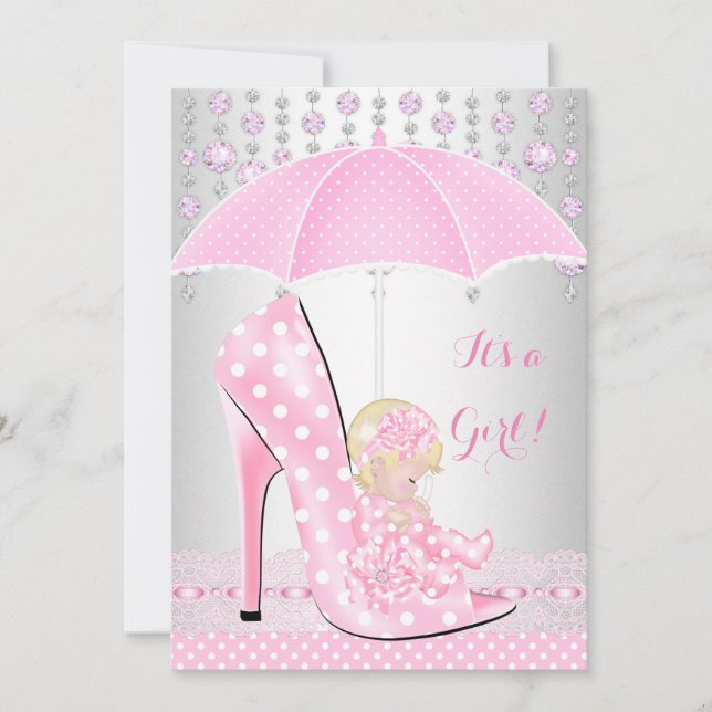 Convites Chuva de Bebê Menina Sapato de Bebê Rosa Diamante  (Frente)