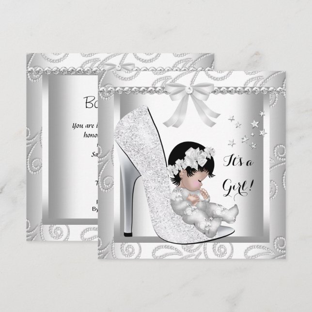 Convites Chuva de Bebê Menina Sapato Diamante Branco Cinza  (Frente/Verso)
