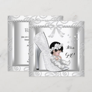 Convites Chuva de Bebê Menina Sapato Diamante Branco Cinza 