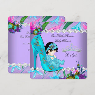 Convites Chuva de Bebê Menina Sapato Floral Roxo Azul Turqu
