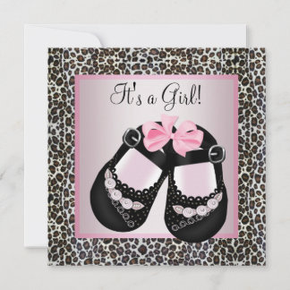 Convites Chuva de Bebê Menina Sapatos Pretos Rosa Leopardos