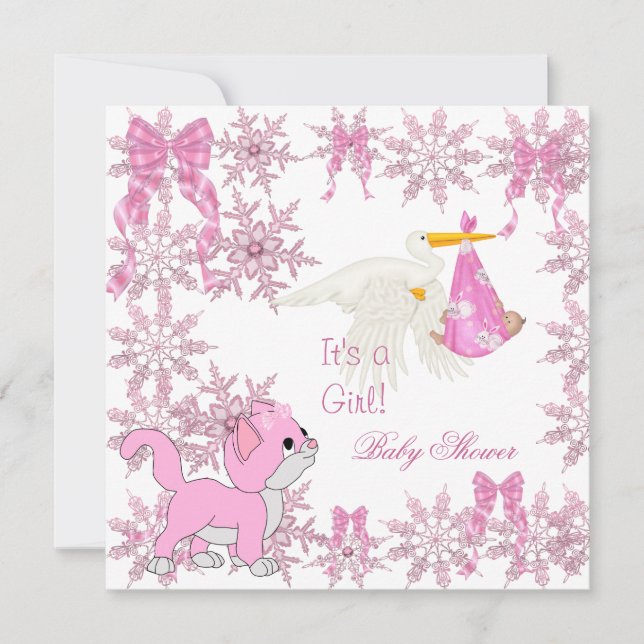 Convites Chuva de Bebê Menina Stork Gatinho Fofo (Frente)