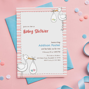 Convites Chuva de Bebê Menina Stork Rosa Listrado Préppy
