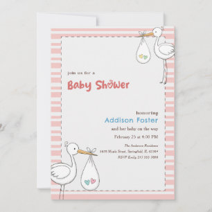 Convites Chuva de Bebê Menina Stork Rosa Listrado Préppy