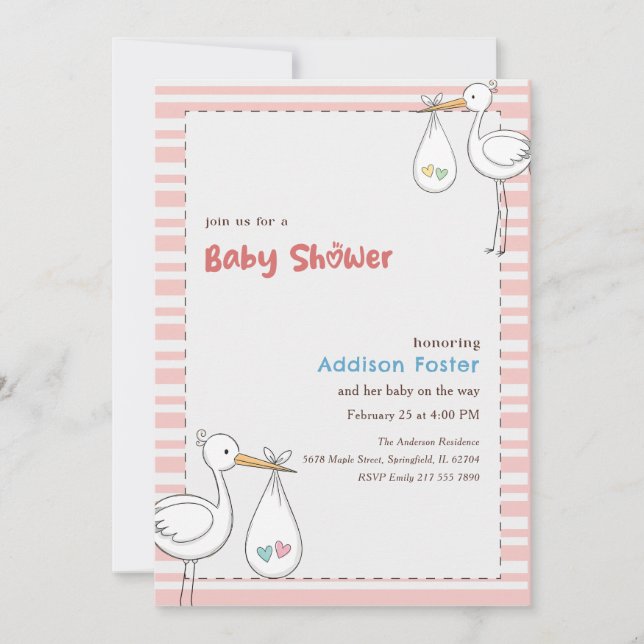 Convites Chuva de Bebê Menina Stork Rosa Listrado Préppy (Frente)